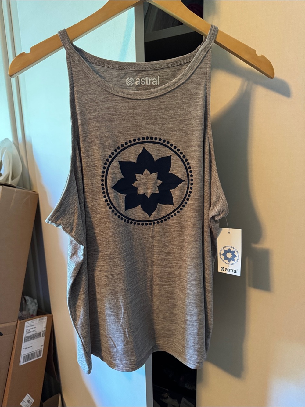 Astral Heather Gray Tank with Navy Lotus Graphic